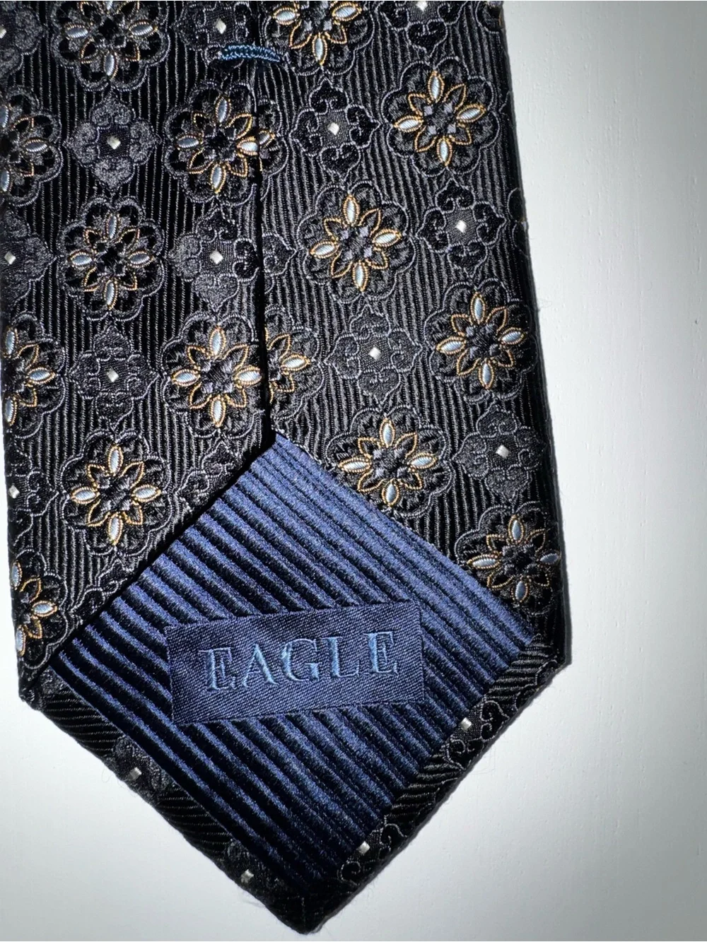 Eagle Men's Woven 100% Silk Floral Pointed Tie Black Gold Blue Logo Handmade